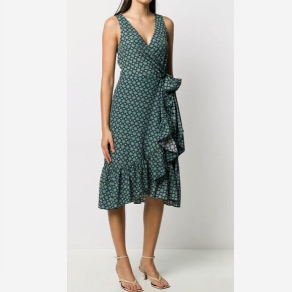 TORY BURCH Ruffle Wrap Sleeveless Dress in Black Batik Medallion | Size 12 - Picture 4 of 11